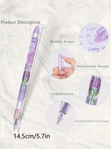 Set de 6 bolígrafos de tulipán morado borrables con goma de borrar linda, artículos de papelería para estudiantes, niñas, oficinas y escuelas, de vuelta a la escuela - Morado - Ver 3