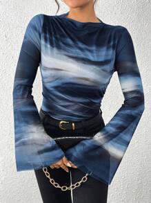 Chiquease Camiseta básica de manga larga con decoración plisada, estampado de teñido anudado y malla, estilo vintage americano para mujer en otoño/invierno y primavera