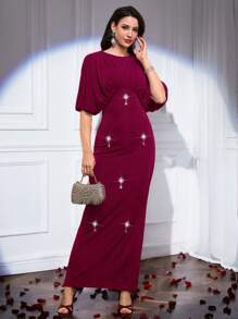 Modelyn Dames Strass Decor Ronde Hals Vleermuismouwen Getailleerde Jurk, Elegant