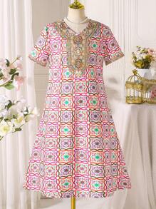 Tween Girls' Printed Elegant Ribbon Collar A-Line Dress - Multicolor - View 1