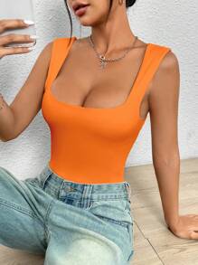 SHEIN PETITE Áo liền quần cổ tròn màu đen - trái cam - Xem 3
