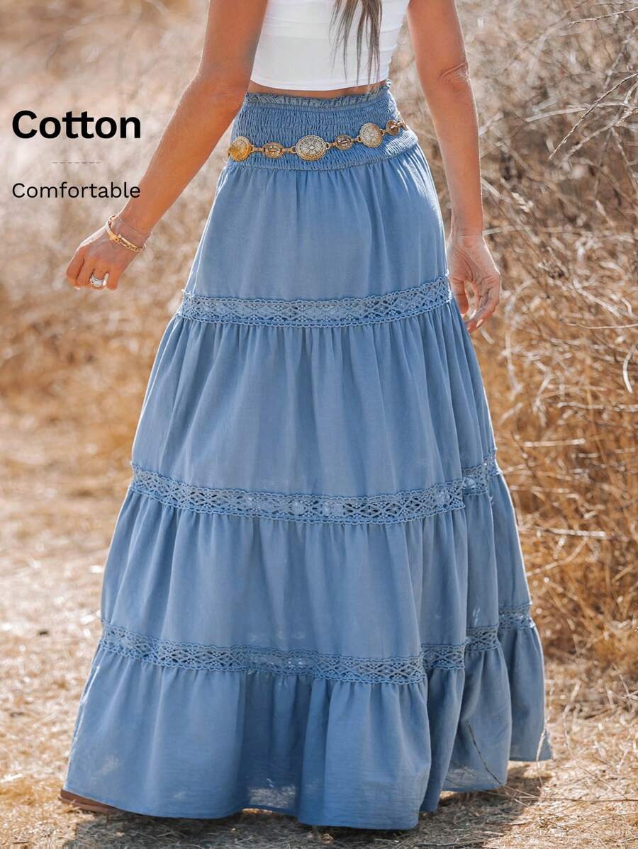 SHEIN VCAY 蓝色，纯色编织高腰宽松女士长款度假超长裙，带蕾丝，适合所有季节，秋冬，春夏 - 藍色 - 查看 1