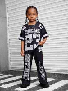 SHEIN 2pcs Boys Casual Outfit Set - Letter Graphic Round Neck Dropped Shoulder Tee And Pants