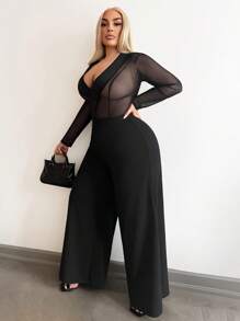SHEIN SXY Plus Size Women High Waist Wide Leg Elastic Waist Snug Pants, Suitable For Fall & Winter, Sexy Office Siren Coquettish, Commuting, Business, Date Night, Birthday, Bachelorette Party, Cute, Casual, Shopping, Streetwear, Going Out, Easy To Match & Looks Slim, Accent Your Body, Flatter The Figure, Tummy Control