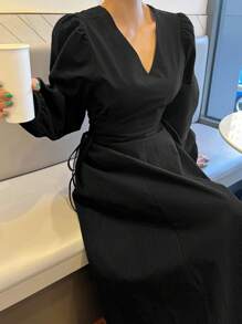 DAZY Surplice Neck Bishop Sleeve Lace Up Side Dress,Fall Clothes Long Sleeve Dress - Black - View 9