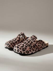 Solecia 女士豹纹圆头厚底拖鞋，休闲一脚蹬皮革拖鞋，适合日常、户外穿着