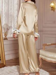 1 Set Solid Color Faux Silk Cuff Tie Design Long Pants And Long Sleeve Sleepwear Set - Champagne - View 2