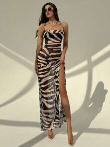 Aloruh Nuevo vestido largo con abertura alta, escote cruzado y semi transparente de estampado de leopardo para vacaciones en la playa, vestido de cobertura para bikinis y trajes de baño de vacaciones en la playa