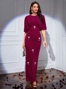 Modelyn Dames Strass Decor Ronde Hals Vleermuismouwen Getailleerde Jurk, Elegant