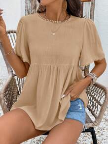 Chiquease Blusa de cuello redondo de manga corta, casual, con sensación de lino, para primavera/verano