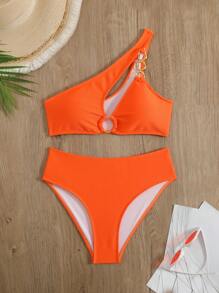 SHEIN Swim Conjunto de bikini de una pieza con corte sexy en unicolor para mujer, ideal para playa de verano