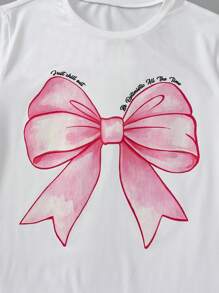 2pcs/Set Teen Girls Pink Bow White Crew Neck Short Sleeve T-Shirt And Grey Bow Print Knit Snug Fit Flared Pants Set - Multicolor - View 5