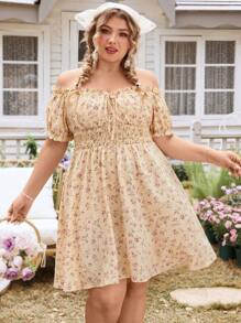 SHEIN VCAY Plus Size Off-Shoulder Short Sleeve Mini Ditsy Floral Dress Summer Wedding Guest Dress Women Dresses For Women Elegant Birthday Dresses For Women Sundress Backless Dress Floral Off The Shoulder Vacation Outfits Woman Beach Spring Boho Rave Outfits Cottagecore Brunch Outfits For Women Fairycore Old Money Tropical Vacation Woman Clothes Tropical Casual Elegant - Multicolor - View 1