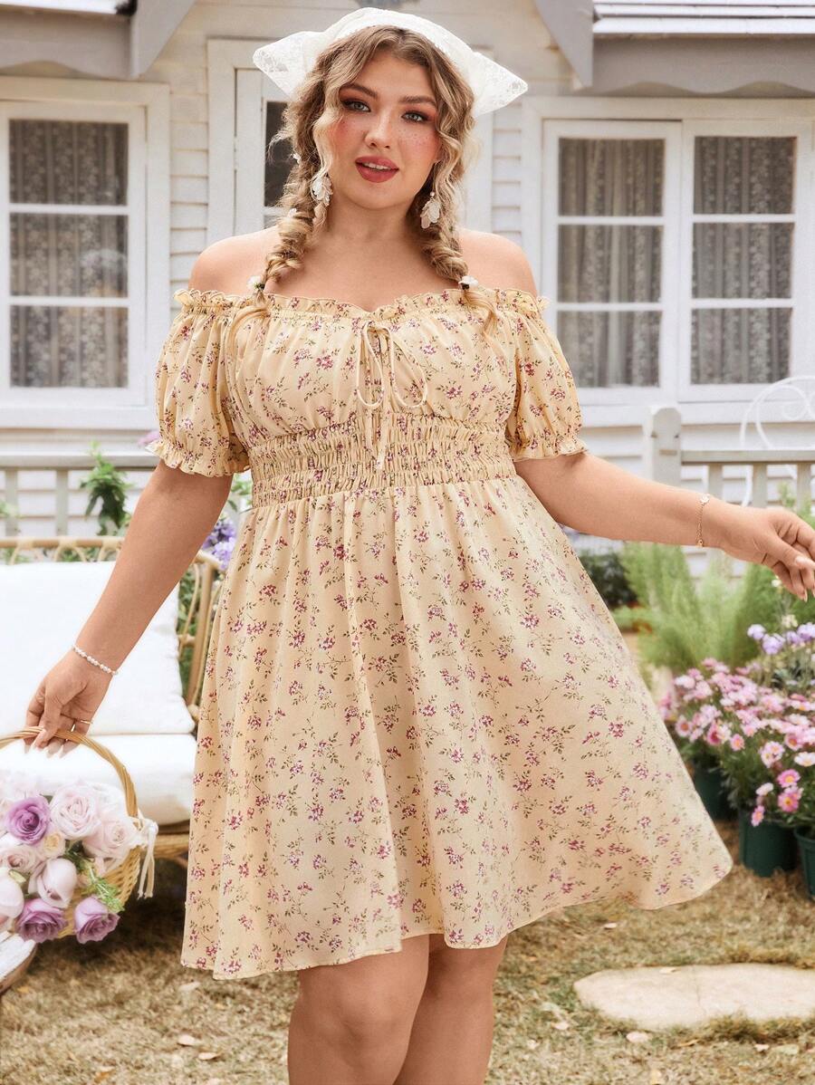 SHEIN VCAY Plus Size Off-Shoulder Short Sleeve Mini Ditsy Floral Dress Summer Wedding Guest Dress Women Dresses For Women Elegant Birthday Dresses For Women Sundress Backless Dress Floral Off The Shoulder Vacation Outfits Woman Beach Spring Boho Rave Outfits Cottagecore Brunch Outfits For Women Fairycore Old Money Tropical Vacation Woman Clothes Tropical Casual Elegant - Multicolor - View 1