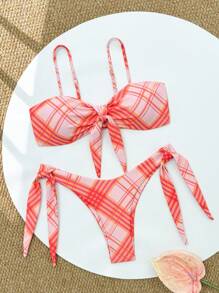 SHEIN Swim Vacation Plaid Bikini Swimwear Set (Random Print) For Summer - Multicolor - View 1