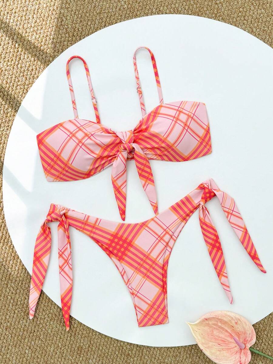 SHEIN Swim Vacation Plaid Bikini Swimwear Set (Random Print) For Summer - Multicolor - View 1
