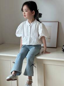 Dazy Kids 年轻女孩蝴蝶结装饰开衩下摆喇叭牛仔裤 - 藍色 - 查看 3