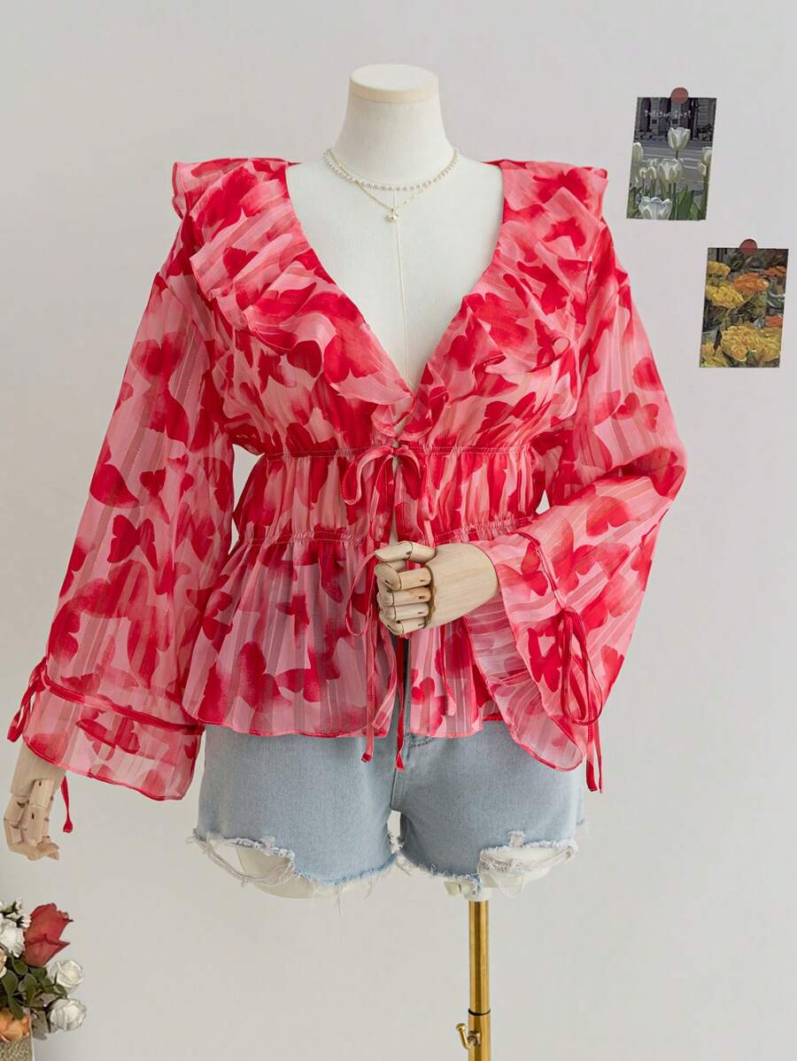 Soleia Áo cánh tay chuông cổ chữ V in họa tiết hoa Boho cỡ lớn cho nữ có dây buộc phía trước, thích hợp cho kỳ nghỉ, mùa thu/đông, ngày lễ tình nhân - Nhiều màu - Xem 1