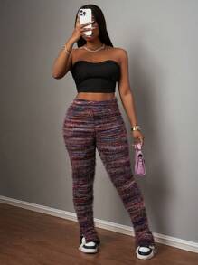 Slaydiva Pantalones de pierna acampanada con cintura elástica y tejido texturizado con abertura lateral, de uso casual en el hogar