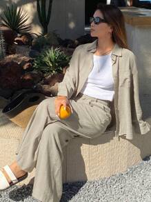 Livesso Set de 2 piezas con camisa suelta de unicolor y pantalones de pierna ancha para mujer