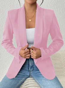 SHEIN PETITE Áo khoác blazer cổ tròn dài tay màu trơn cho nữ mặc thường ngày & đi làm - Hồng - Xem 6