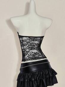 SHEIN ICON 性感诱人红色蕾丝拼接抹胸文胸 - 黑色 - 查看 2