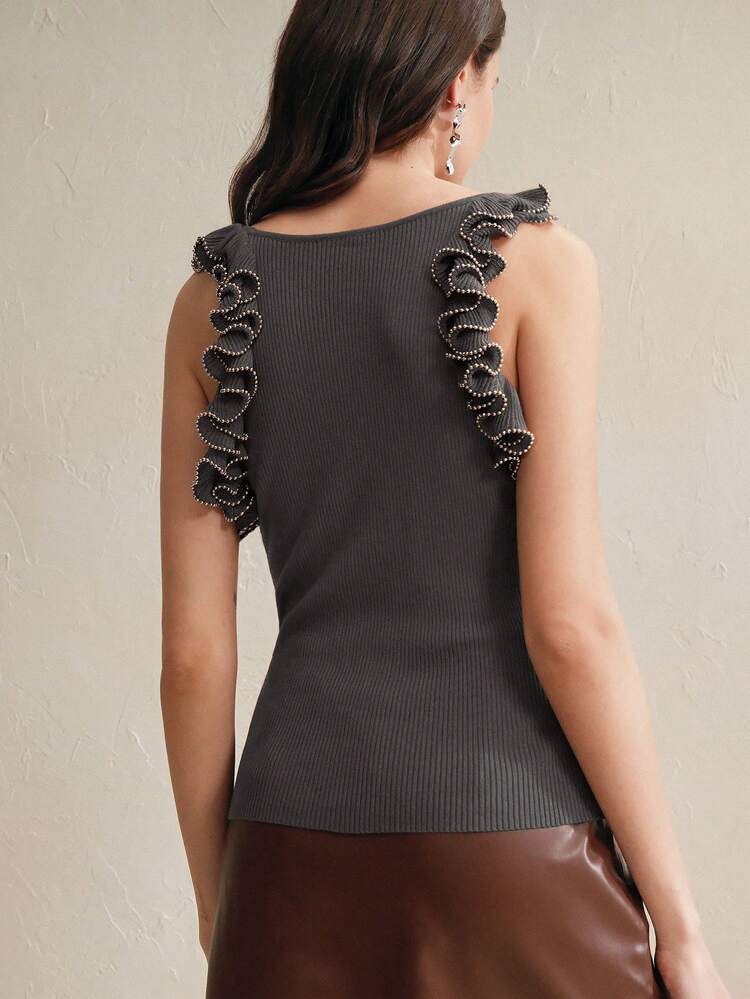 Blusa sin mangas elegante para vacaciones con volantes en el bajo, cadena metálica pesada y cuentas, para mujer. Estilizante, adecuada para el Día de San Valentín, playa de verano, salir, vacaciones