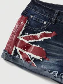 ROMWE Grunge Punk Pantalones cortos de mezclilla con estampado de bandera nacional de estilo vintage Y2K, de cintura baja y sexy, para mujeres, para conciertos y festivales de verano