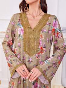 Al Najma 女士阿拉伯风格休闲连衣裙，简约时尚，适合夏季 - 卡其色 - 查看 4