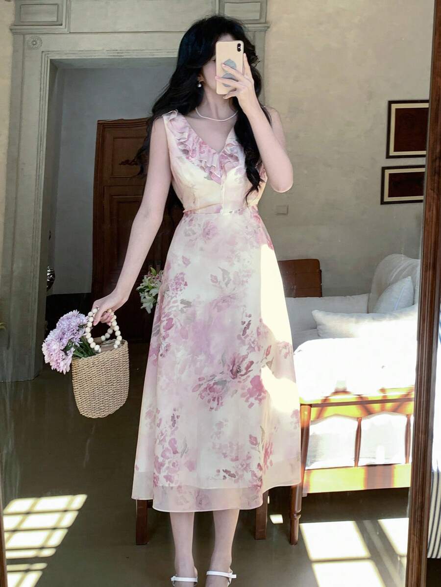 DAZY 复活节女士花卉荷叶边开衩中长连衣裙 - 粉色 - 查看 1
