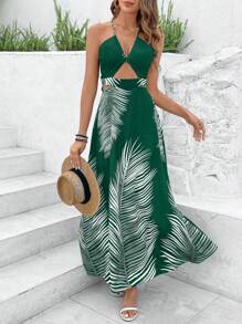 Breezaya Đầm Maxi hở lưng in họa tiết lá trang phục đi biển cho nữ - Màu xanh lá cây đậm - Xem 3