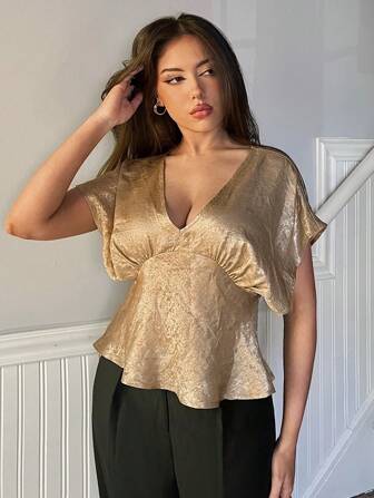 SHEIN Privé 女士优雅撞色立领修身短款泡泡下摆衬衫