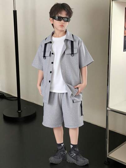 2 件装 Tween Boys 时尚工装风格短袖衬衫和及膝短裤套装，夏季休闲