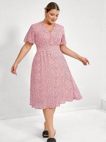 GENKIRA Plus Size Women's Polka Dot V-Neck Waist Cinched Midi Dress,Elegant & Formal Blush Pink Summer Tea Party,European & American Loose Hem All Over Print - Pink - View 1