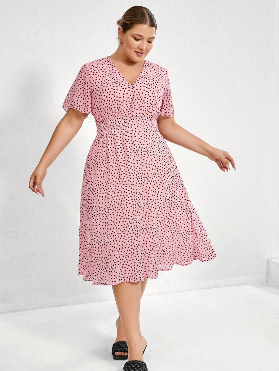 GENKIRA Plus Size Women's Polka Dot V-Neck Waist Cinched Midi Dress,Elegant & Formal Blush Pink Summer Tea Party,European & American Loose Hem All Over Print - Pink - View 1