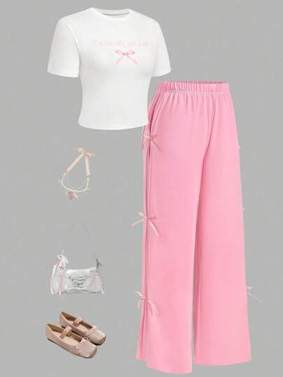 Teen Girls 2 Pieces Set: Bow Print Fitted Cropped Short Sleeve T-Shirt And Bow Decor Knitted Wide Leg Pants, Casual Cute Girl Style Outfit, Pink And White, Suitable For Dancing, Matching Sets, KPOP Style
