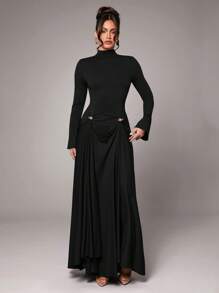 Silquee Đầm dài tay màu trơn thanh lịch gợi cảm màu nâu/cà phê có trang trí kim loại, thích hợp cho tiệc cocktail, hẹn hò lãng mạn, mặc nhiều lớp vào mùa thu/đông, tiệc tùng, đám cưới, Halloween, Giáng sinh - màu đen - Xem 5