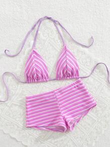 Swim Vcay 2 件套女士春假露背系带比基尼套装，夏季休闲派对沙滩泳装 - 淡紫色 - 查看 5