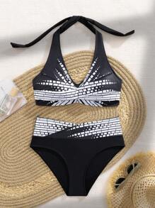 Swim Lushoire Women's Summer Beach Geometric Print Bikini Set With Crossed Straps & Halter Neckline