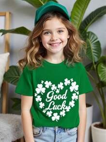 Camiseta de manga corta informal de verano para niñas con estampado de trébol y corazón, adecuada para picnics al aire libre, estar en casa descansando, Día de San Patricio