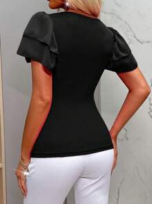 Xyvia Women's Elegant Casual Sexy Short Sleeve T-Shirt, Round Neck Double Ruffle Sleeves, Fitted Silhouette, Elastic Neckline With Pearl Studs, Pink, Knit Fabric, Resort Wear, Spring/Summer