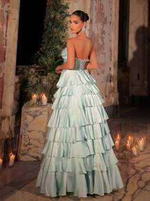 Glamrae Elegant Light Green Shiny Satin Bustier, Waist Sequined Mesh Sheer Insert, Tiered Ruffles Mermaid Dress, Adjustable Back Tie, Formal Gown, Wedding Guest Dress, Party Dress, Evening Dress - Green - View 2