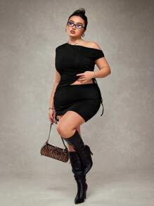 SHEIN ICON Plus Size Black Asymmetrical Hem Pleated Drawstring Waist Net Mesh Skirt - Black - View 4