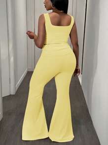 Slaydiva 大码女式两件套 - 无袖圆领短款背心和高腰褶饰喇叭裤，休闲运动装，杏色，春夏 - 黃色 - 查看 2