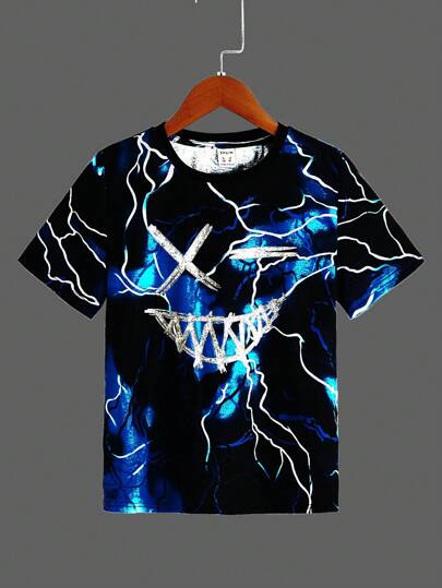 SHEIN Tween Boy Reflexive Cartoon & Lightning Print Kortärmad T-shirt, fritidskläder för sommaren