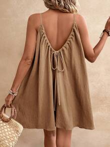 Poéselle 夏季女式吊带波西米亚风太阳裙，必备款，夏季服装，婚礼季节必备款，Cottagecore 抽绳连衣裙太阳裙女式连衣裙 - 咖啡棕 - 查看 4