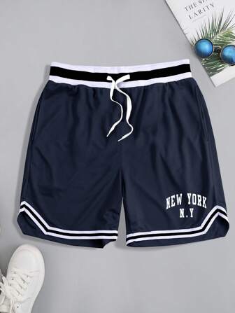 Manfinity Campus Court Men Drawstring Waist Casual Shorts, Suitable For Summer