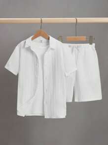 SHEIN 青少年男孩鬆身休閑提花條紋短袖襯衫和短褲套裝 - 白色 - 查看 1