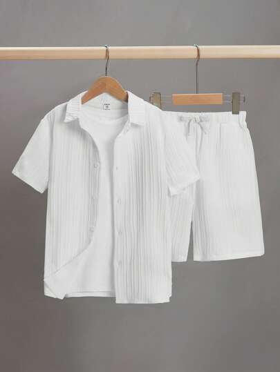 SHEIN Tween Boy Lös Casual Jacquard Randig vävd skjorta och shorts Set