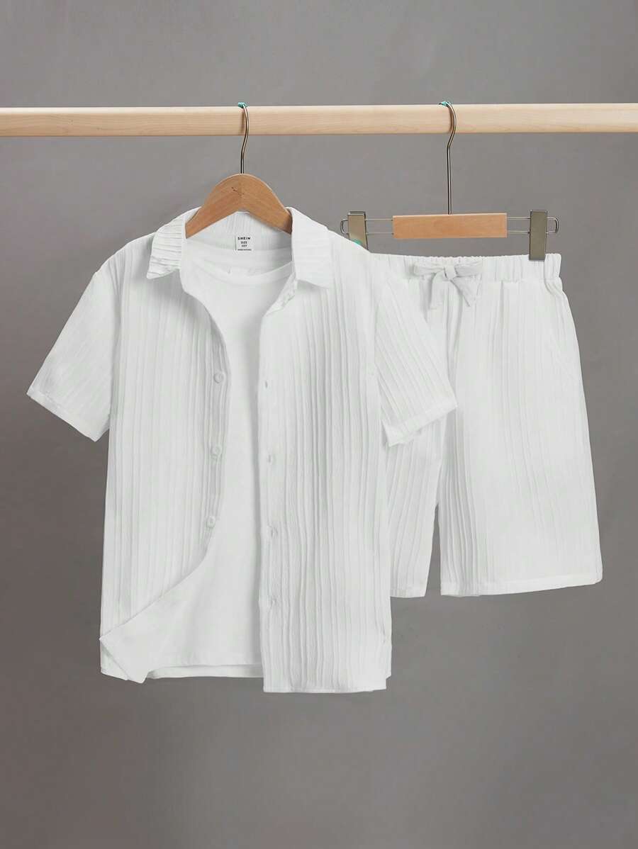 SHEIN 青少年男孩鬆身休閑提花條紋短袖襯衫和短褲套裝 - 白色 - 查看 1